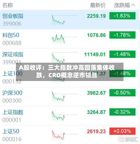 A股收评：三大指数冲高回落集体收跌，CRO概念逆市领涨