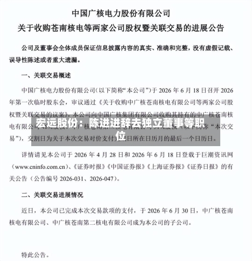 宏远股份:陈进进辞去独立董事等职位-第2张图片